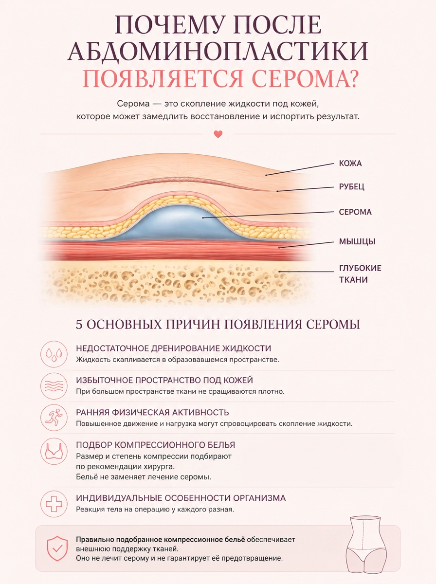 Схема скопления жидкости под кожей при сероме после абдоминопластики и факторы послеоперационного восстановления